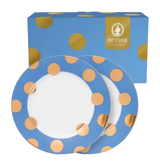 Pip Studio Dot Delight Ontbijtbord Light Blue-Gold 21 cm Set van 2 Fabrieksprijs